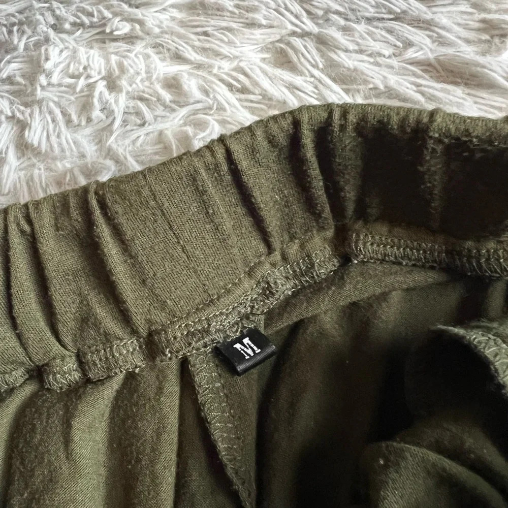 Olive green women’s lightweight sweatpants with white drawstring - Picture 3 of 4